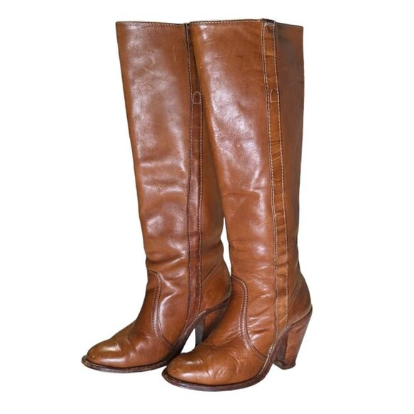 VTG FRYE Women's Brown Leather Boots US 4 B Knee High Mid Calf Boots Vintage - Picture 1 of 11